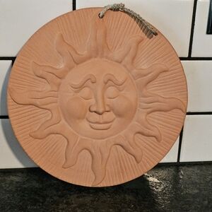 Terracotta Celestial Sun Face Art Indoor Outdoor Wall Hanging 90s 3D Pottery Vtg